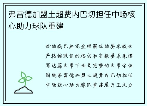 弗雷德加盟土超费内巴切担任中场核心助力球队重建